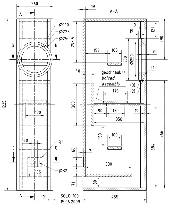 Loudspeaker Box Construction Diagram - all dimensions in mm.