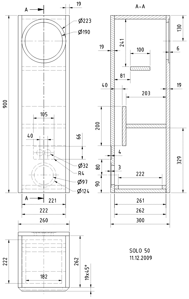 Loudspeaker Box Construction Diagram - all dimensions in mm.