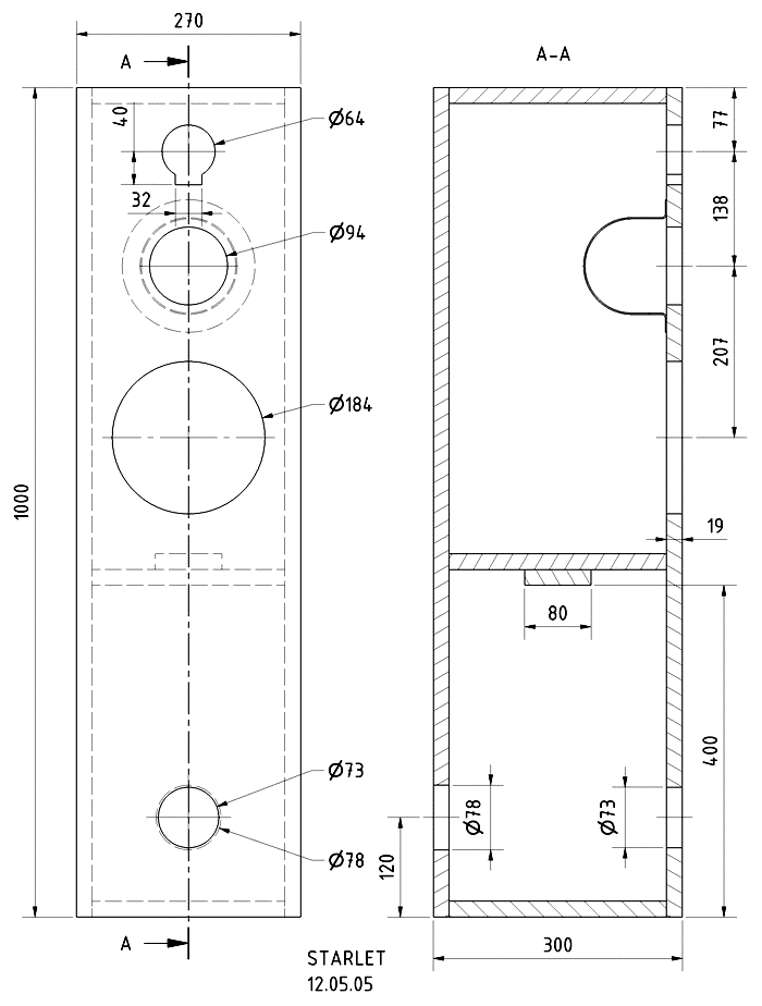 Loudspeaker Box Construction Diagram - all dimensions in mm.