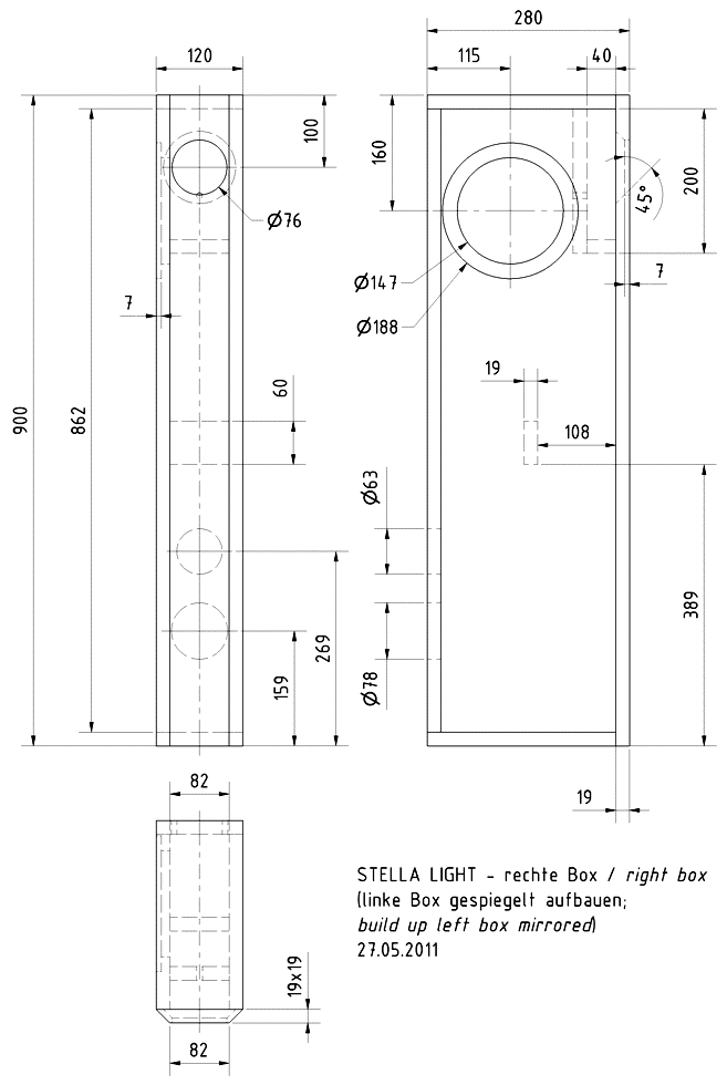 Loudspeaker Box Construction Diagram - all dimensions in mm.