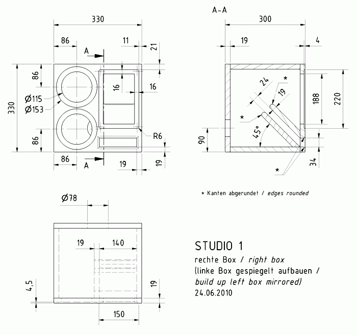 Loudspeaker Box Construction Diagram - all dimensions in mm.