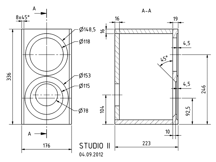 Loudspeaker Box Construction Diagram - all dimensions in mm.