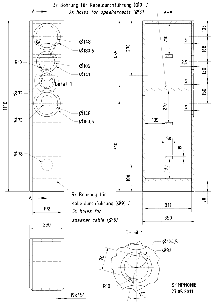 Loudspeaker Box Construction Diagram - all dimensions in mm.