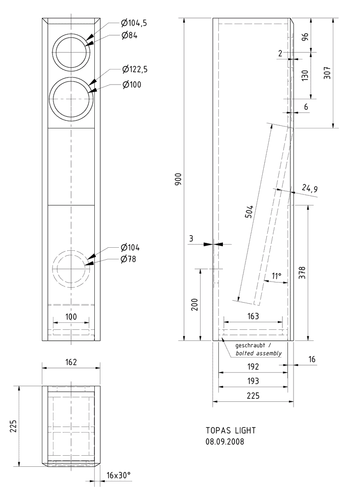 Loudspeaker Box Construction Diagram - all dimensions in mm.