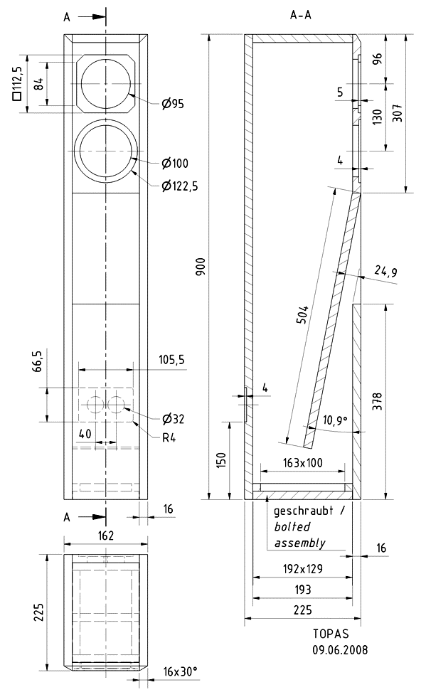 Loudspeaker Box Construction Diagram - all dimensions in mm.