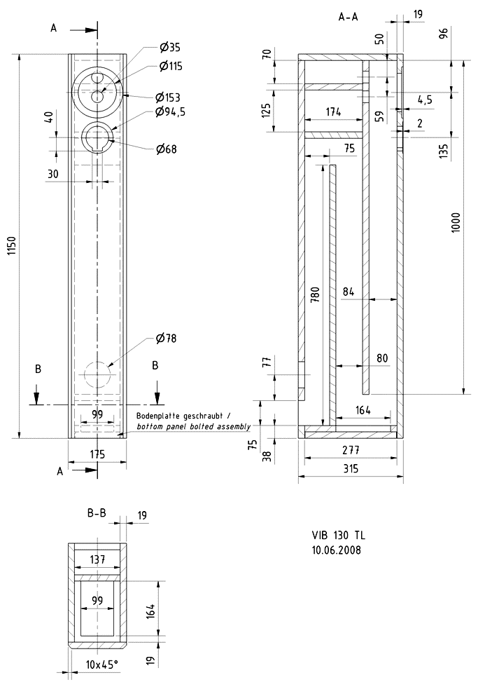 Loudspeaker Box Construction Diagram - all dimensions in mm.