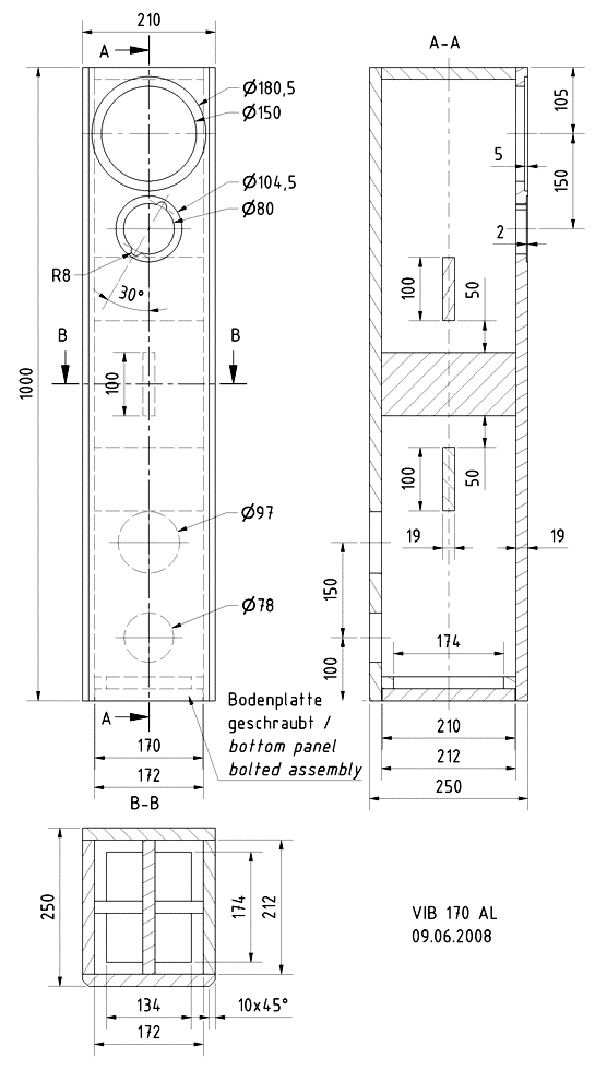 Loudspeaker Box Construction Diagram - all dimensions in mm.