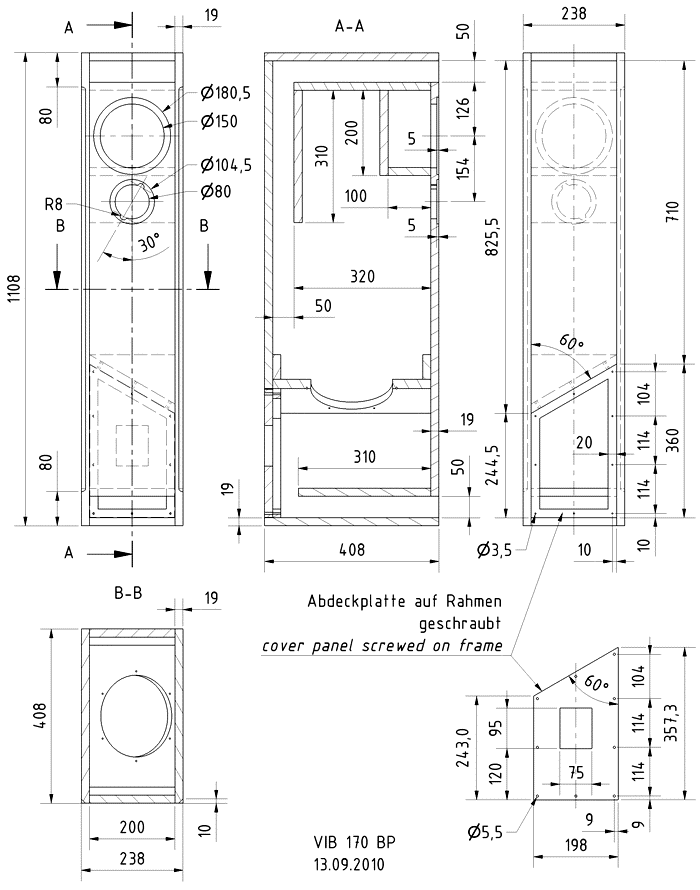 Loudspeaker Box Construction Diagram - all dimensions in mm.