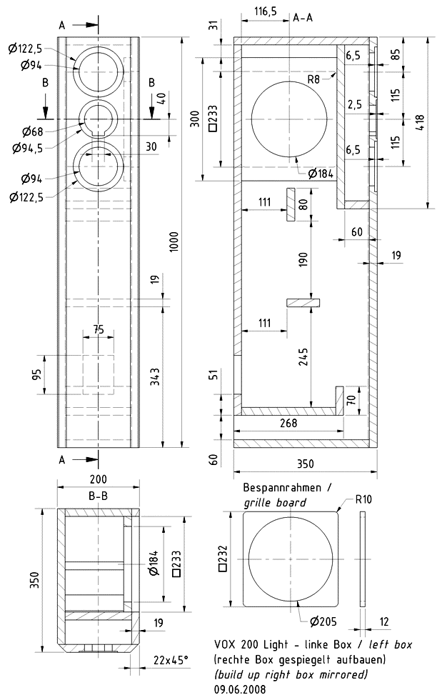 Loudspeaker Box Construction Diagram - all dimensions in mm.