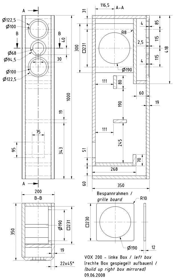 Loudspeaker Box Construction Diagram - all dimensions in mm.