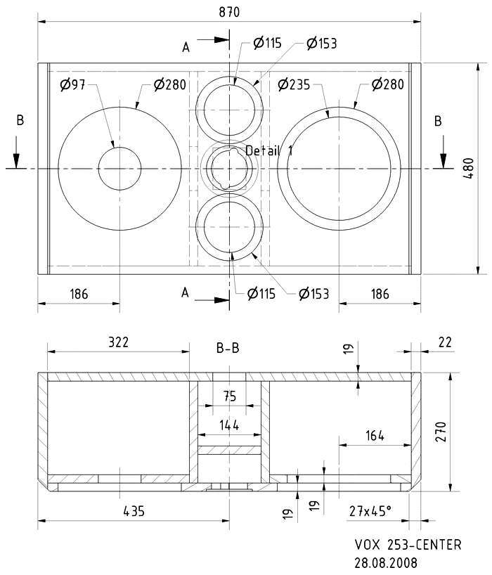 Loudspeaker Box Construction Diagram - all dimensions in mm.