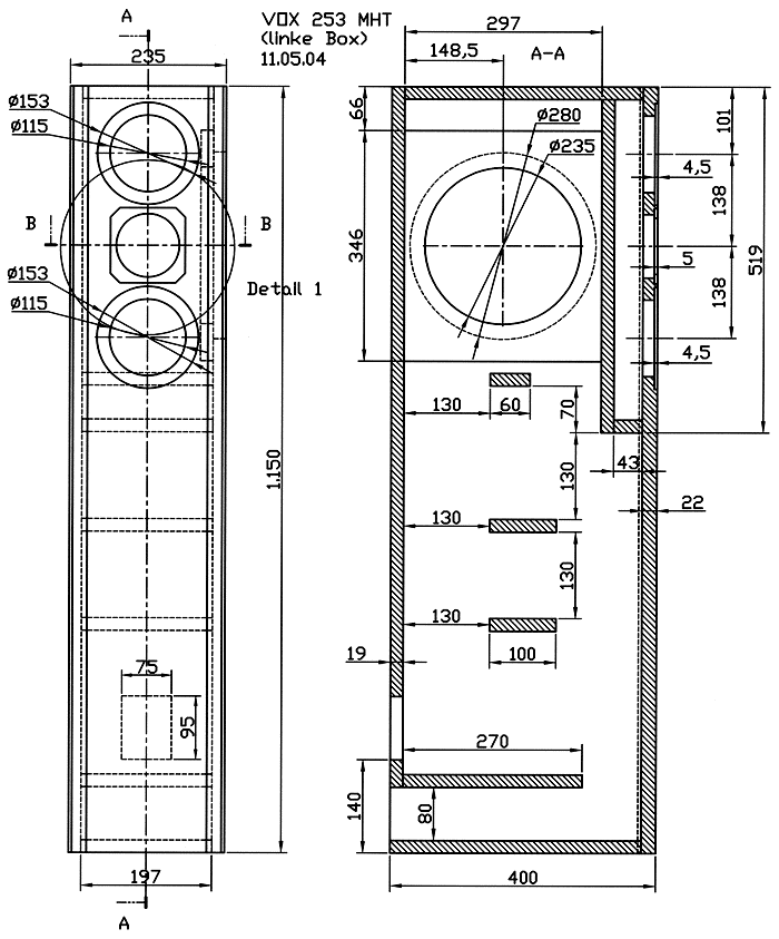 Loudspeaker Box Construction Diagram - all dimensions in mm.