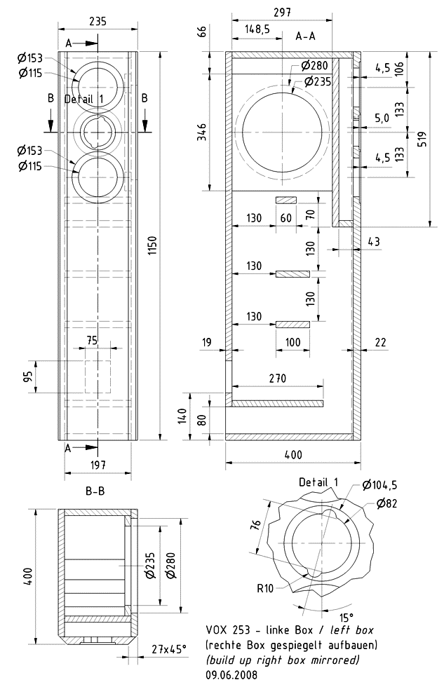 Loudspeaker Box Construction Diagram - all dimensions in mm.