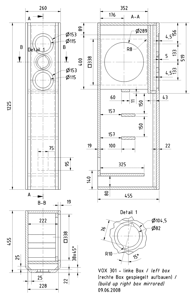 Loudspeaker Box Construction Diagram - all dimensions in mm.