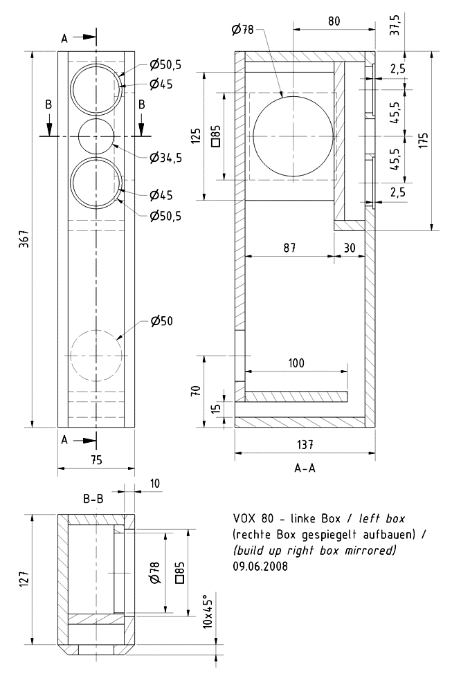 Loudspeaker Box Construction Diagram - all dimensions in mm.